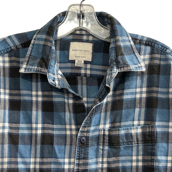 American Eagle Men's M Blue Plaid Super Soft Flannel Button-Up Shirt Long Sleeve - Picture 2 of 8